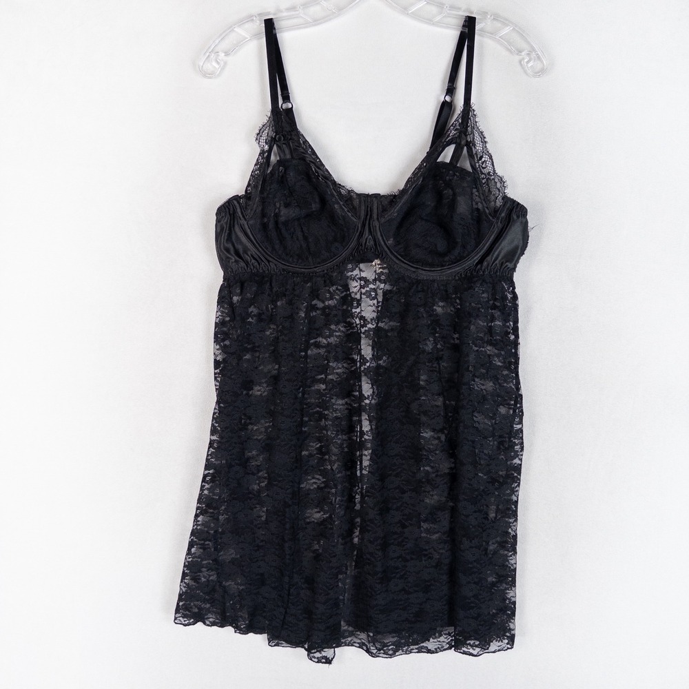Cacique Womens Babydoll Chemise 18/20 Black Floral Lace Underwire Eyelash Trim
